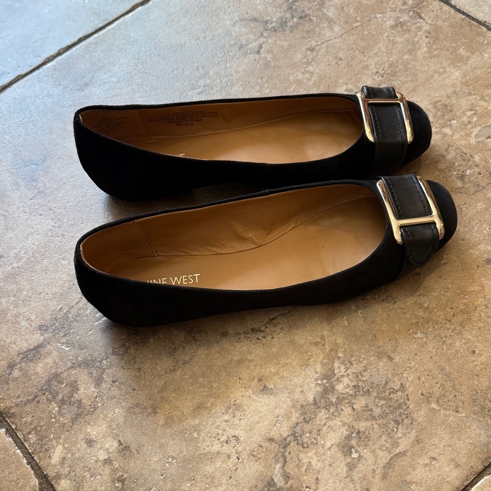 Nine West Black Suede Flats with Gold Buckle - Picture 2 of 7